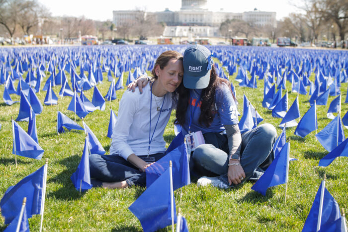 Carole Motycka y Jen Ganser Unidas en Azul Sentadas en filas de banderas frente al Capitolio Abogacía en Acción