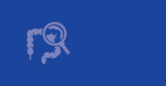 Blue background colon and rectum and magnifying glass Clinical Trial Conversations Blog