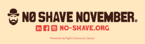 The No Shave November logo highlighting our social media accounts on LinkedIn, Facebook, and Instagram.