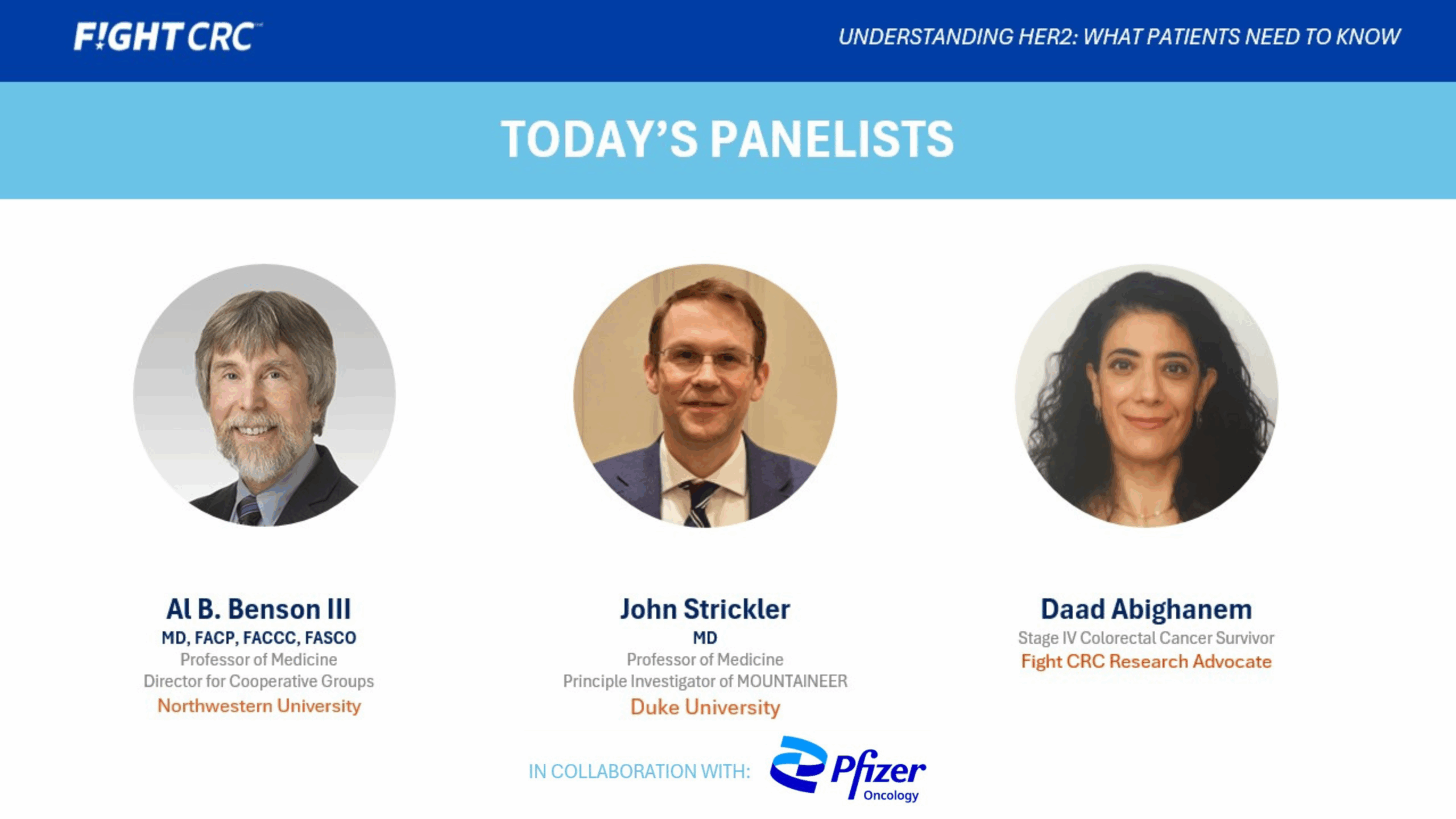 a graphic highlighting the panelists for a webinar on Her2